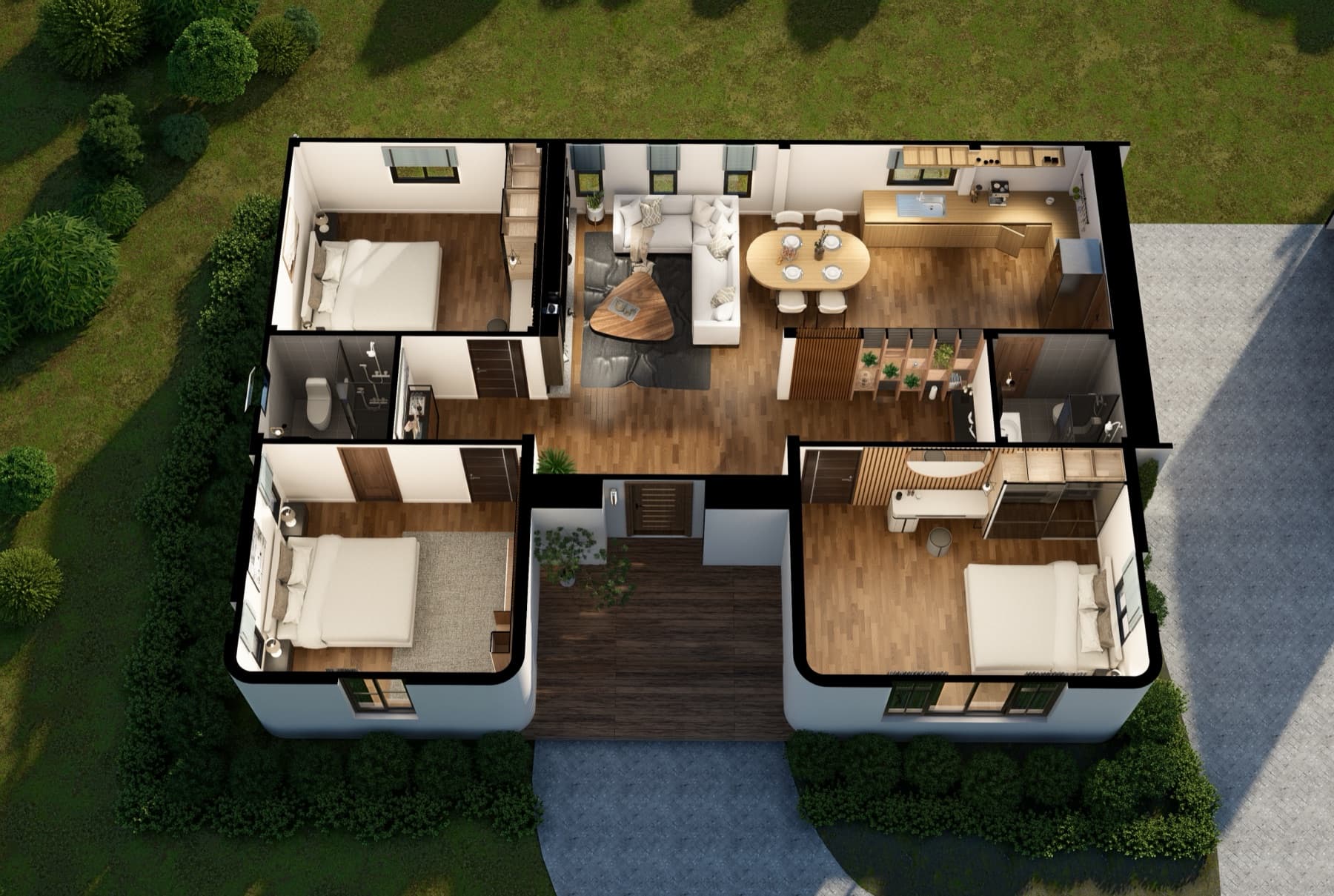 3D architectural floor plan of a Piampiti single-storey home — three bedrooms, two bathrooms