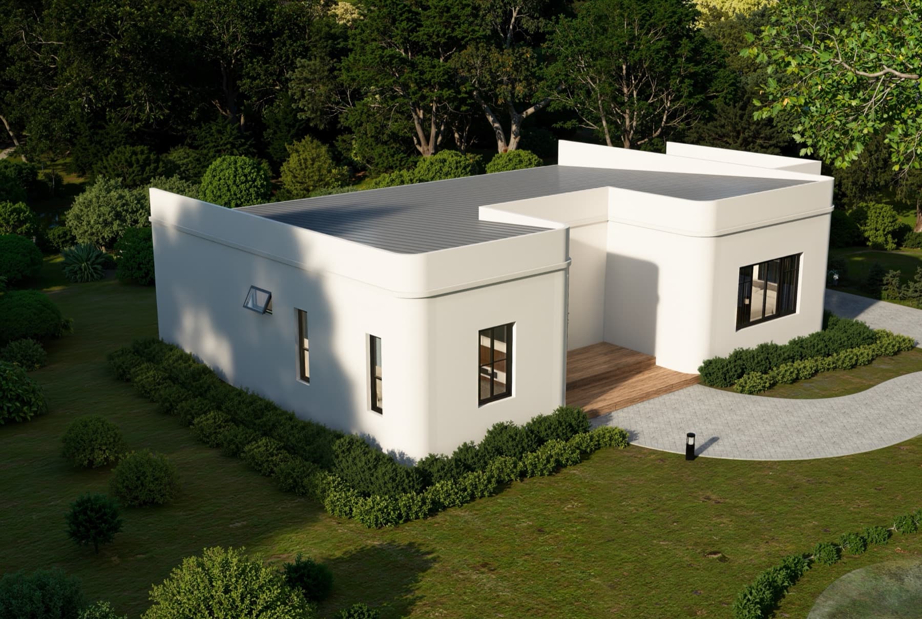 Piampiti custom home design — single-storey minimalist house with garden, aerial view