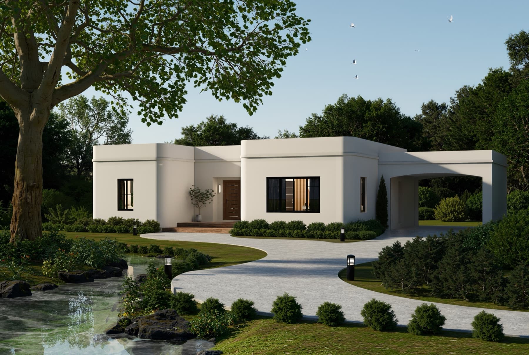 Piampiti custom home — single-storey minimalist house with carport and landscaped garden