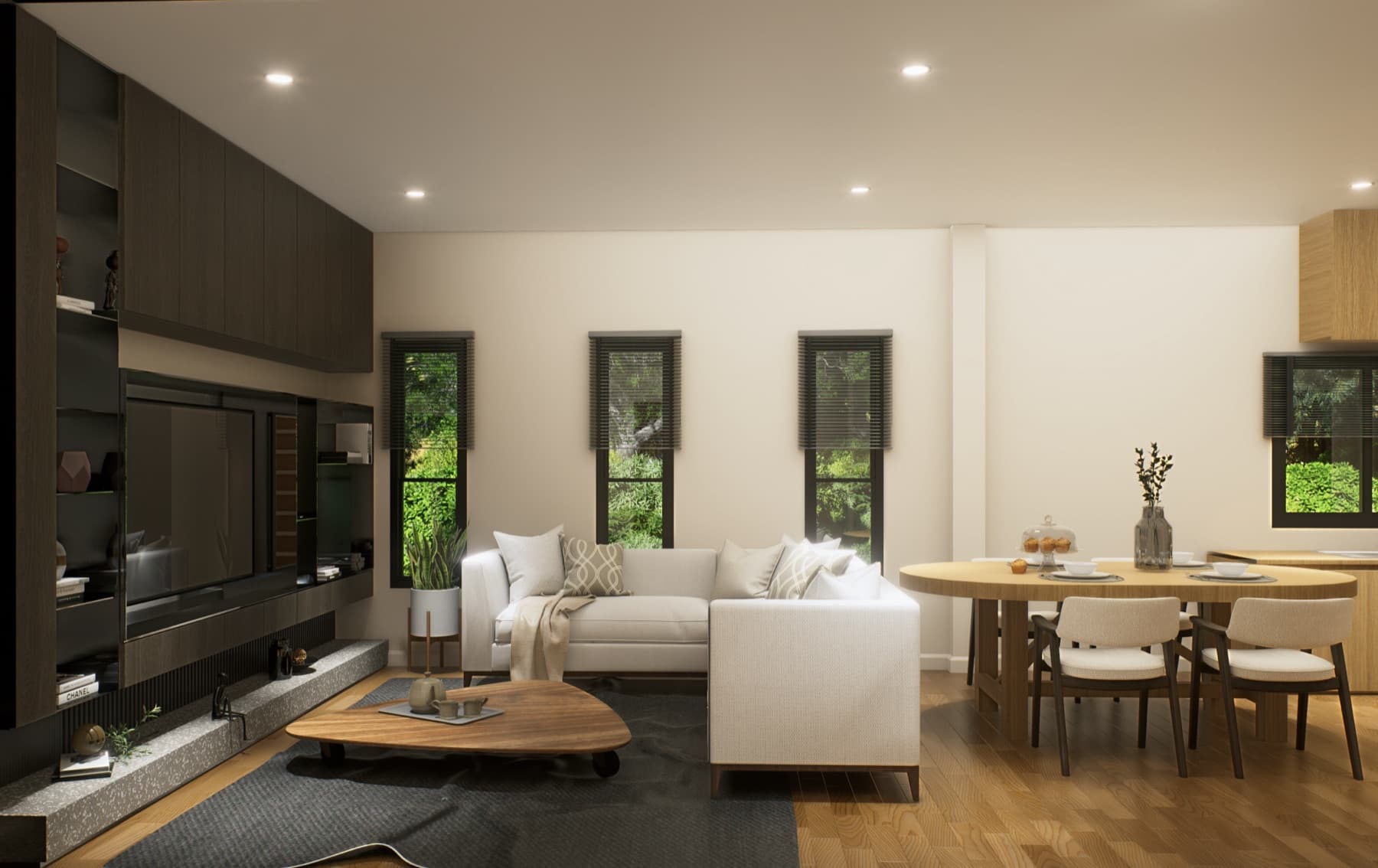 Warm minimalist living and dining interior — soft white walls, light oak floor, garden windows