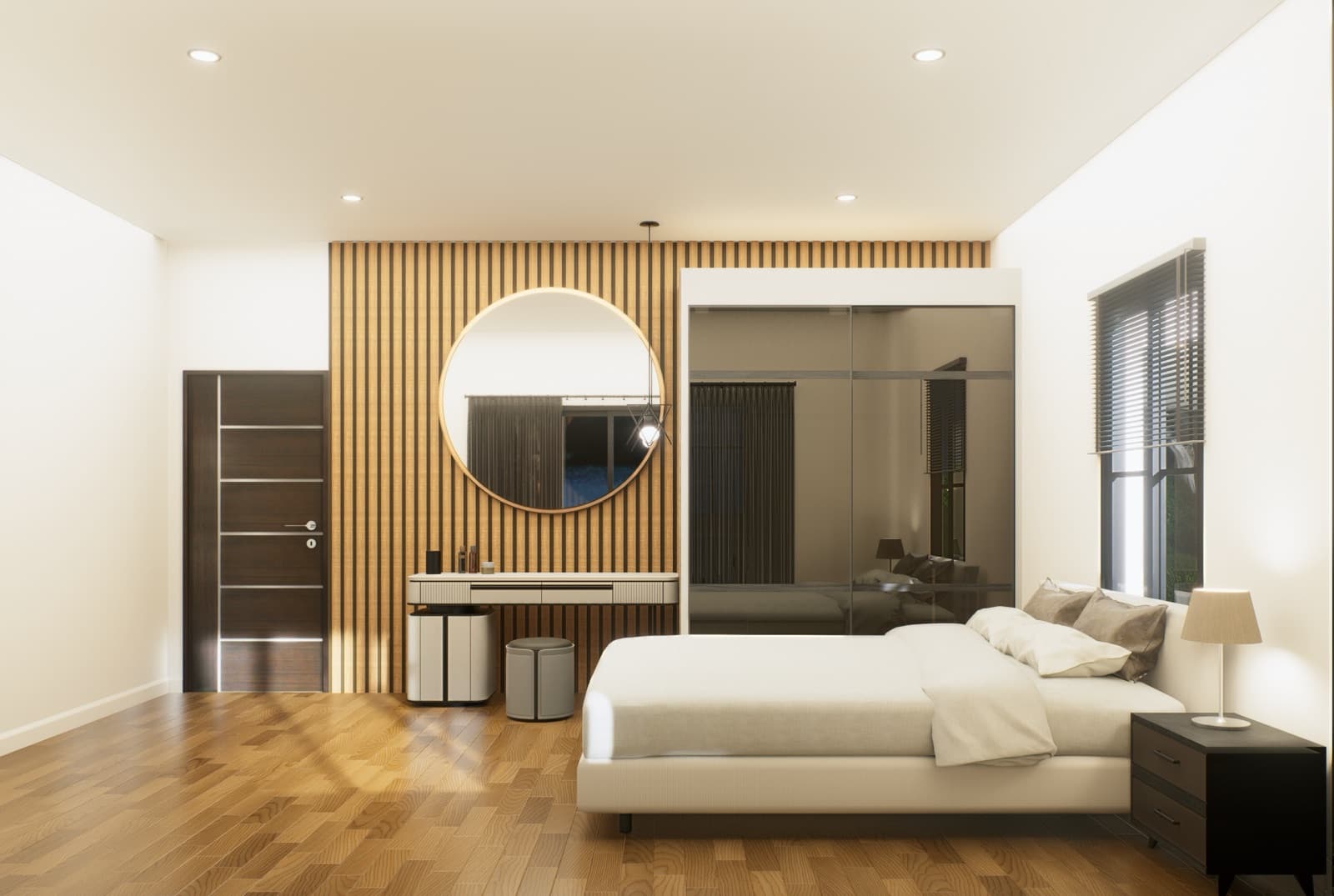 Second bedroom with slatted feature wall and round mirror