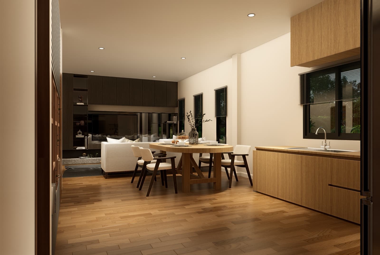 Dining and kitchen zone with oval oak table and garden windows