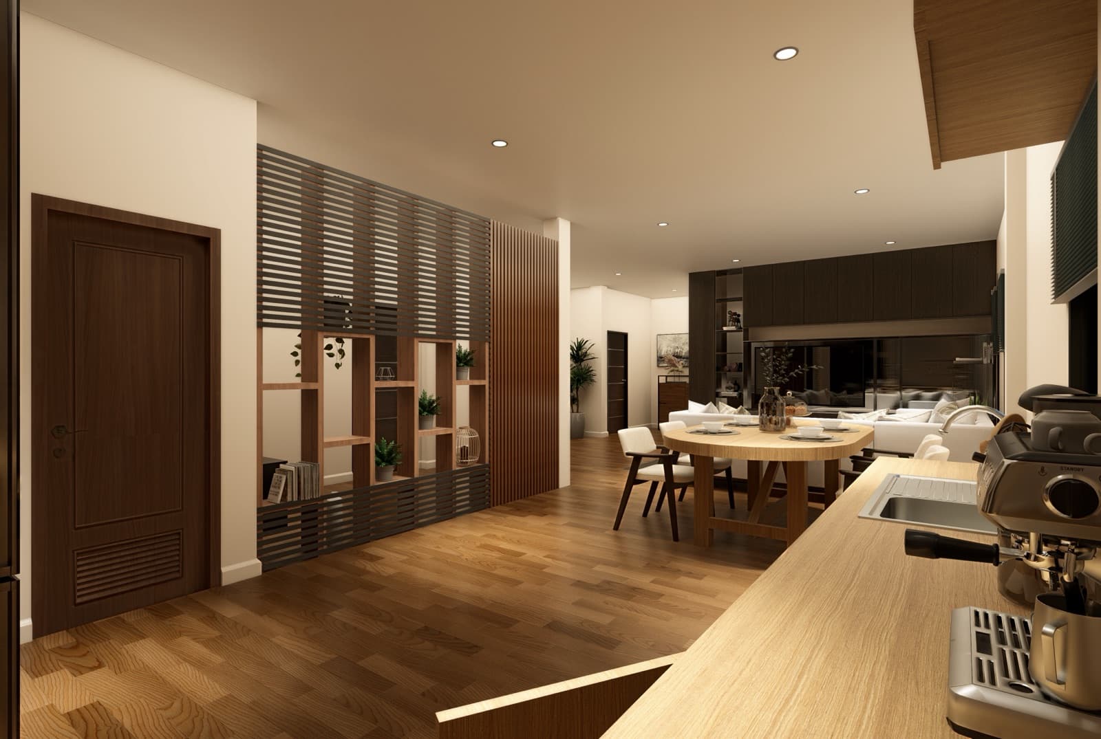 Entry hall and family room with slatted wood partition