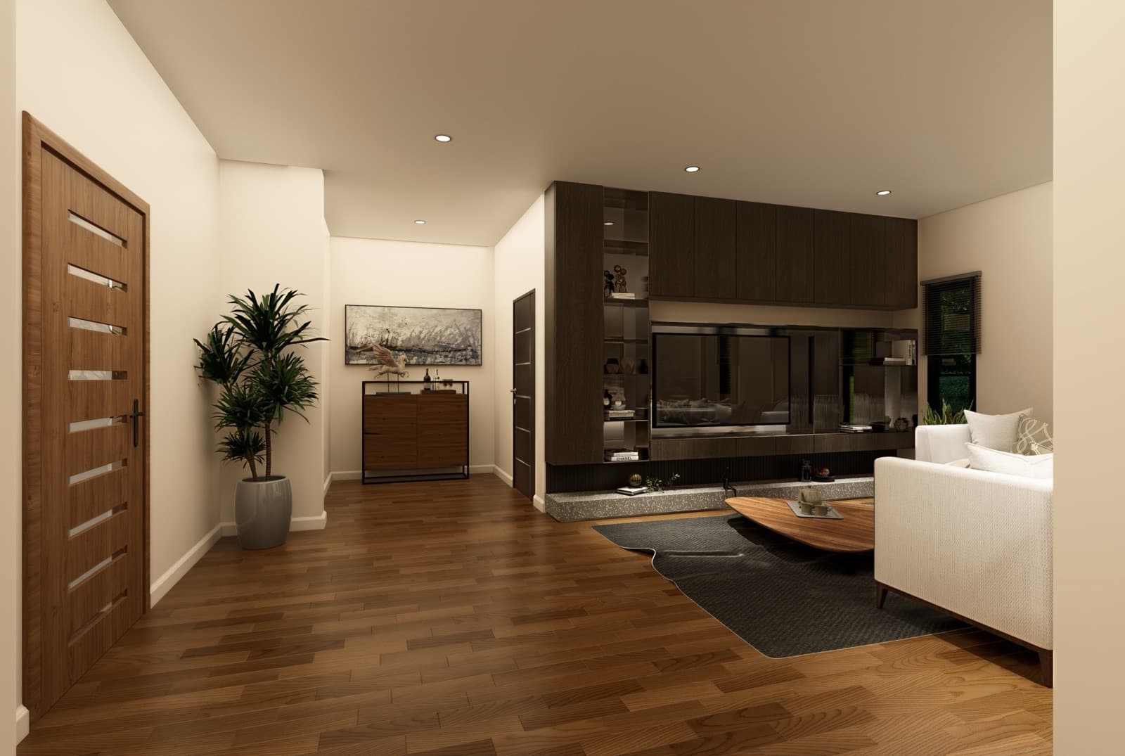 Living room with built-in media wall and warm oak floor