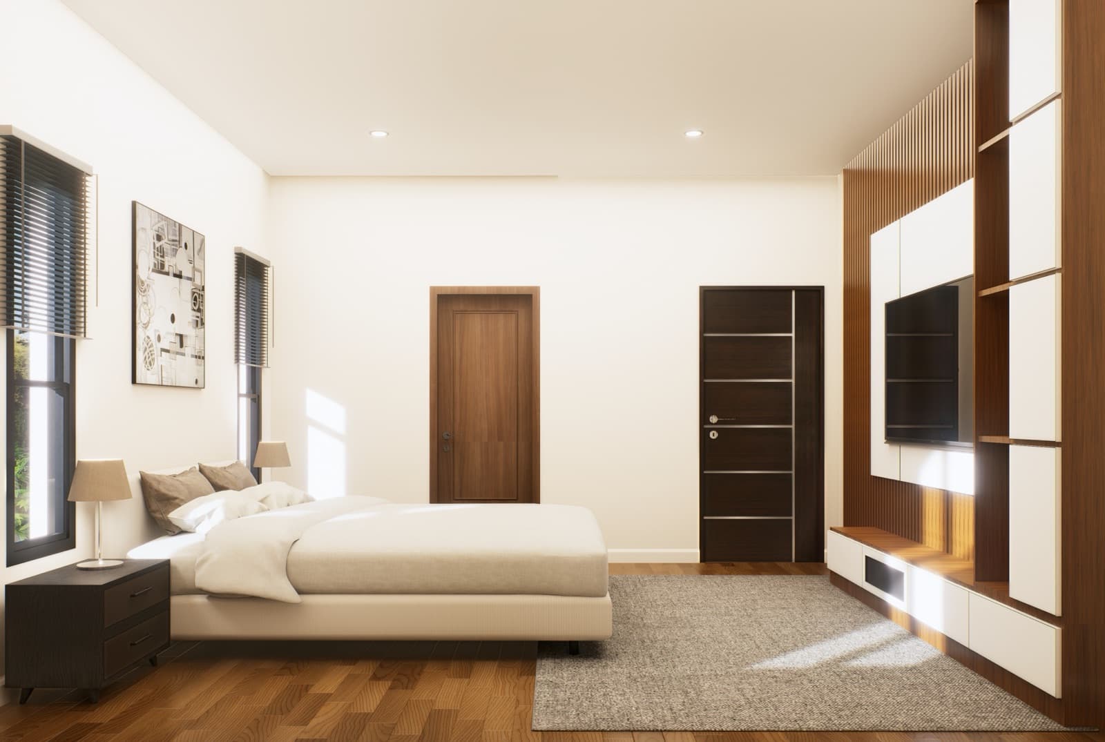 Master bedroom in soft white with walnut doors and daylight