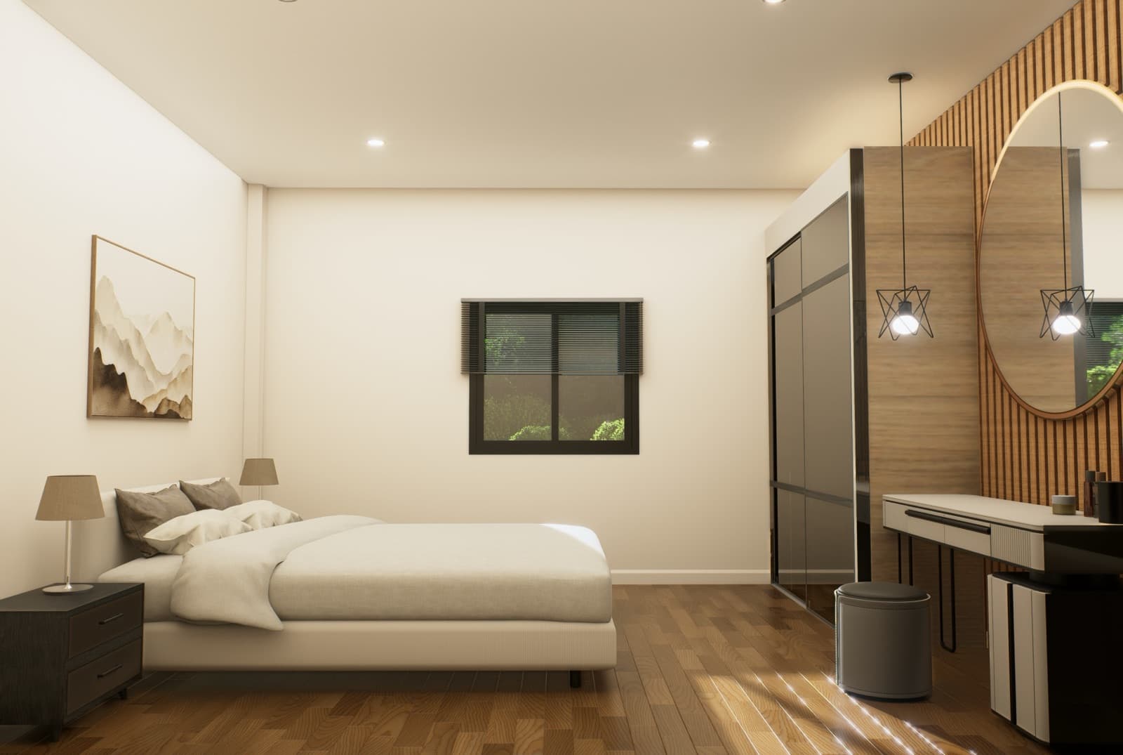 Bedroom vanity corner with round mirror and pendant lights